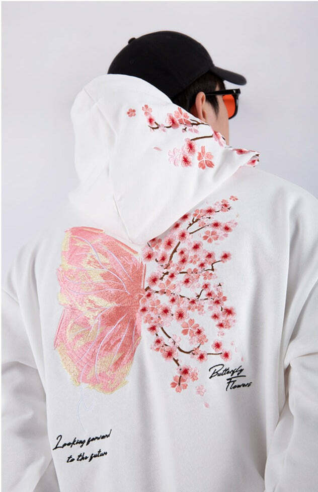 Cherry Blossom Butterfly Embroidered Hoodie - Y2K Summer, 90s Fashion, Grunge, Retro, Pastel Goth