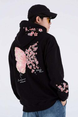 Cherry Blossom Butterfly Embroidered Hoodie - Y2K Summer, 90s Fashion, Grunge, Retro, Pastel Goth