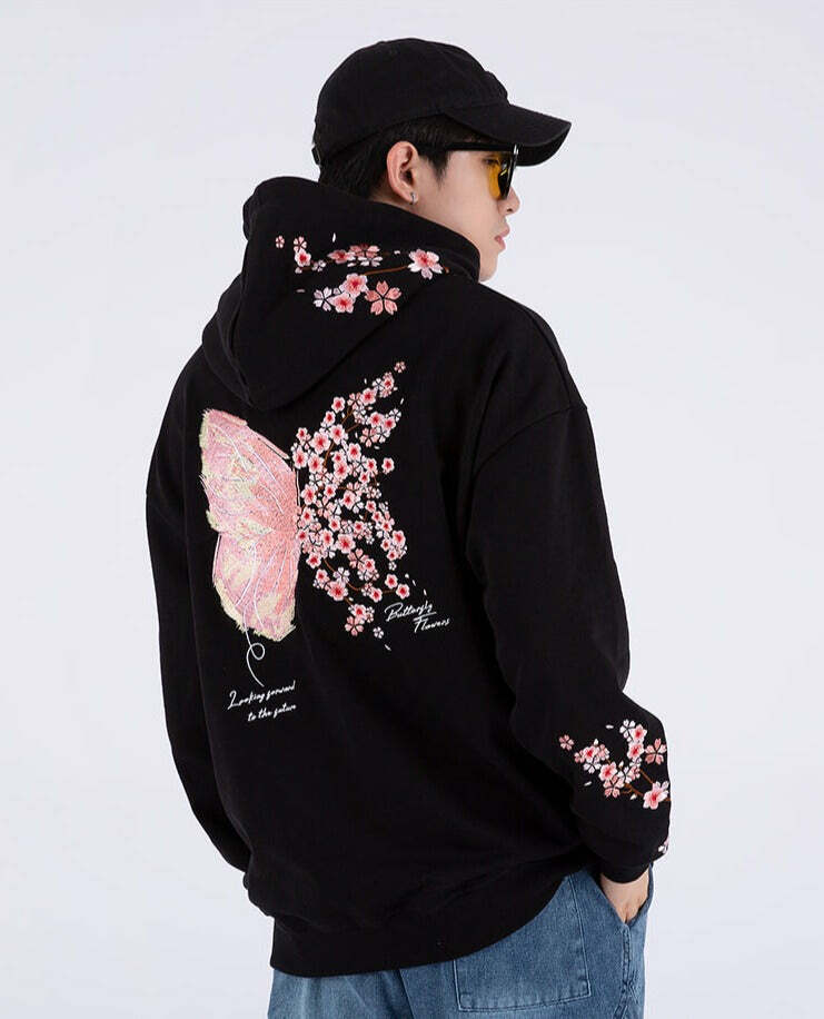 Cherry Blossom Butterfly Embroidered Hoodie - Y2K Summer, 90s Fashion, Grunge, Retro, Pastel Goth