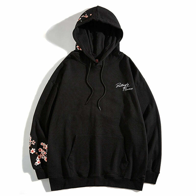 Cherry Blossom Butterfly Embroidered Hoodie - Y2K Summer, 90s Fashion, Grunge, Retro, Pastel Goth