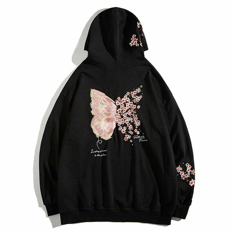 Cherry Blossom Butterfly Embroidered Hoodie - Y2K Summer, 90s Fashion, Grunge, Retro, Pastel Goth