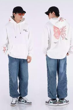 Cherry Blossom Butterfly Embroidered Hoodie - Y2K Summer, 90s Grunge, Retro Pastel Goth Fashion