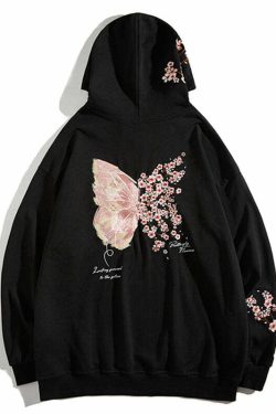 Cherry Blossom Butterfly Embroidered Hoodie - Y2K Summer, 90s Grunge, Retro Pastel Goth Fashion