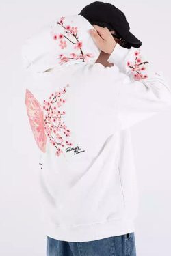 Cherry Blossom Butterfly Embroidered Hoodie - Y2K Summer, 90s Grunge, Retro Pastel Goth Fashion
