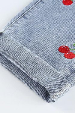 Cherry Embroidered Jeans - Y2K Summer, 90s Grunge, Retro Style, Y2K Popstar, Y2K Club