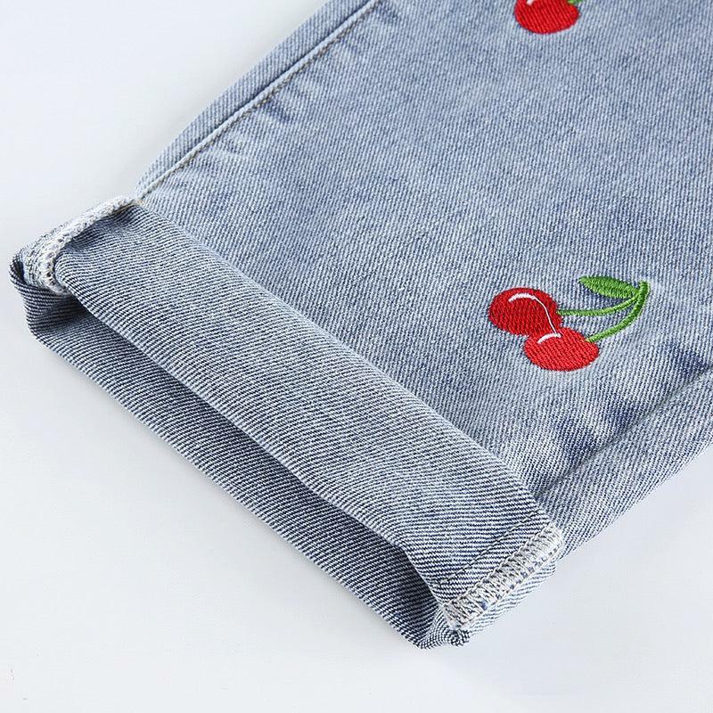 Cherry Embroidered Jeans - Y2K Summer, 90s Grunge, Retro Style, Y2K Popstar, Y2K Club