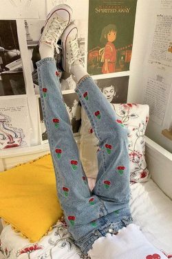 Cherry Embroidered Jeans - Y2K Summer, 90s Grunge, Retro Style, Y2K Popstar, Y2K Club