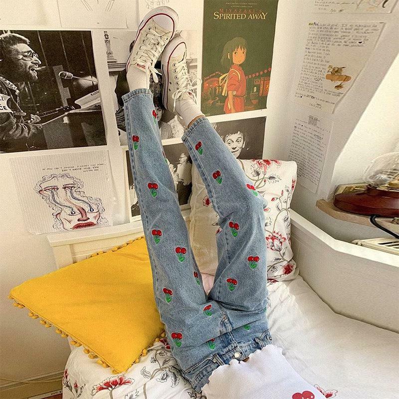 Cherry Embroidered Jeans - Y2K Summer, 90s Grunge, Retro Style, Y2K Popstar, Y2K Club
