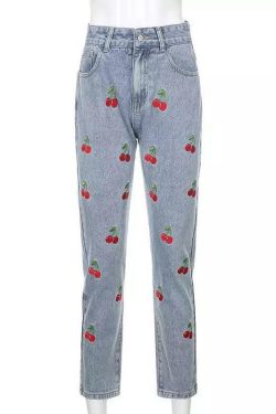 Cherry Embroidered Jeans - Y2K Summer, 90s Grunge, Retro Style, Y2K Popstar, Y2K Club