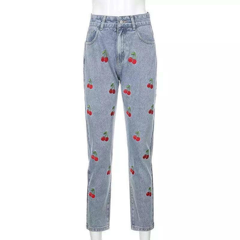 Cherry Embroidered Jeans - Y2K Summer, 90s Grunge, Retro Style, Y2K Popstar, Y2K Club