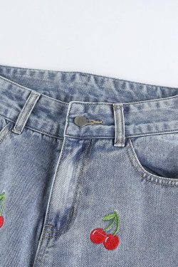 Cherry Embroidered Jeans - Y2K Summer, 90s Grunge, Retro Style, Y2K Popstar, Y2K Club