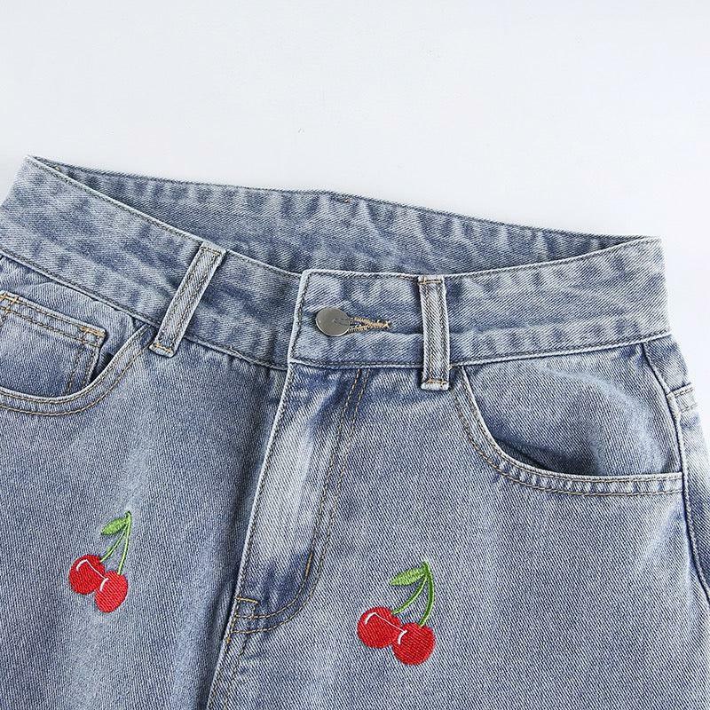 Cherry Embroidered Jeans - Y2K Summer, 90s Grunge, Retro Style, Y2K Popstar, Y2K Club