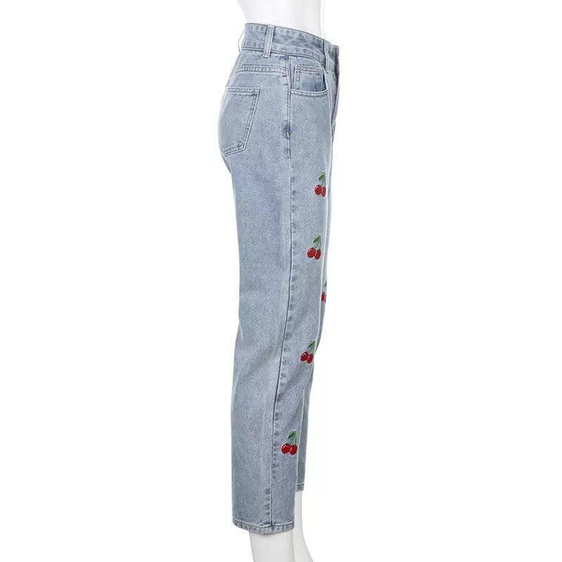 Cherry Embroidered Jeans - Y2K Summer, 90s Grunge, Retro Style, Y2K Popstar, Y2K Club