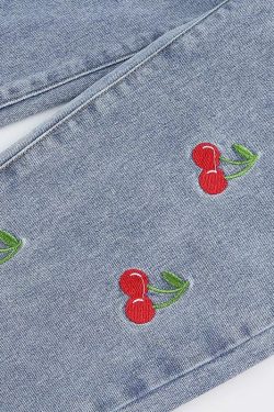 Cherry Embroidered Jeans - Y2K Summer, 90s Grunge, Retro Style, Y2K Popstar, Y2K Club