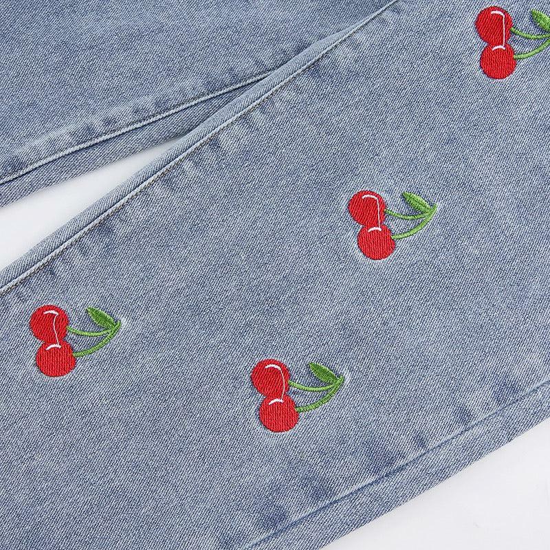 Cherry Embroidered Jeans - Y2K Summer, 90s Grunge, Retro Style, Y2K Popstar, Y2K Club