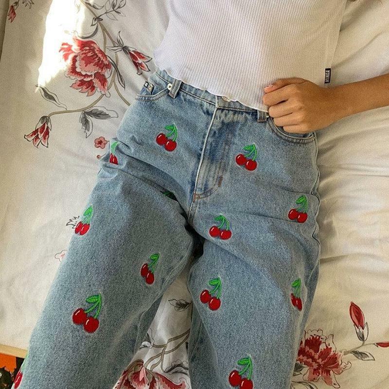 Cherry Embroidered Jeans - Y2K Summer, 90s Grunge, Retro Style, Y2K Popstar, Y2K Club