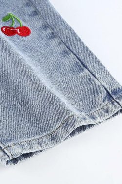 Cherry Embroidered Jeans - Y2K Summer, 90s Grunge, Retro Style, Y2K Popstar, Y2K Club