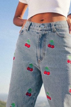 Cherry Embroidered Jeans - Y2K Summer, 90s Grunge, Retro Style, Y2K Popstar, Y2K Club