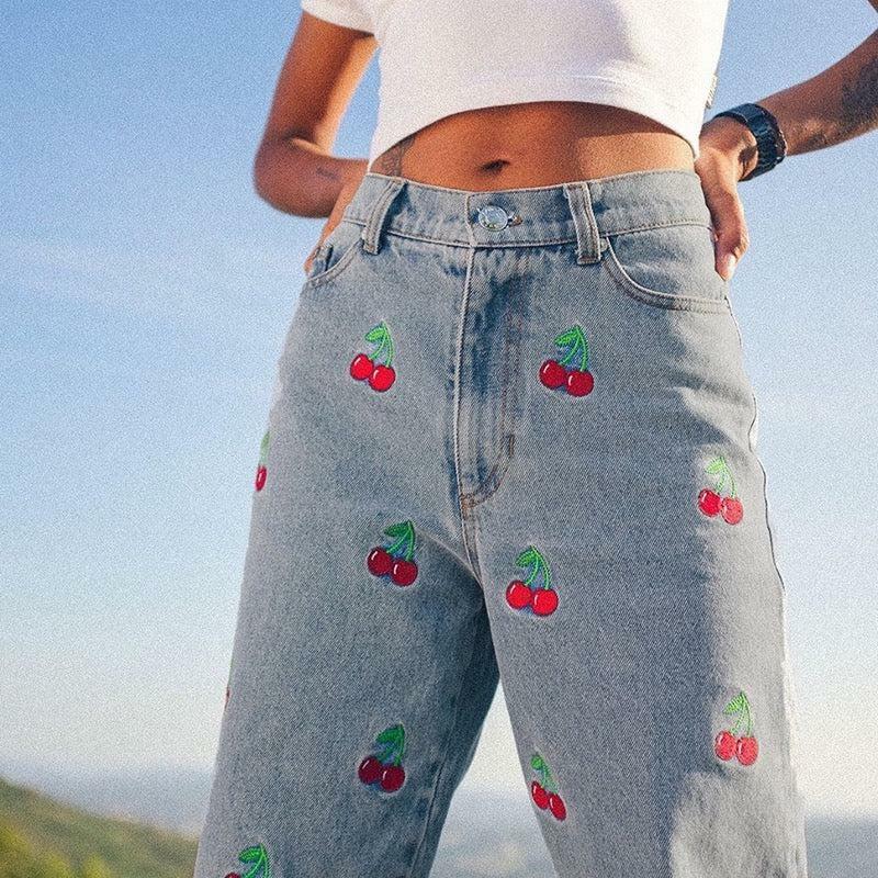Cherry Embroidered Jeans - Y2K Summer, 90s Grunge, Retro Style, Y2K Popstar, Y2K Club