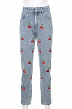 Cherry High Waisted Jeans - Y2K Summer, 90s Grunge, Retro Style, Y2K Club & Party Outfits