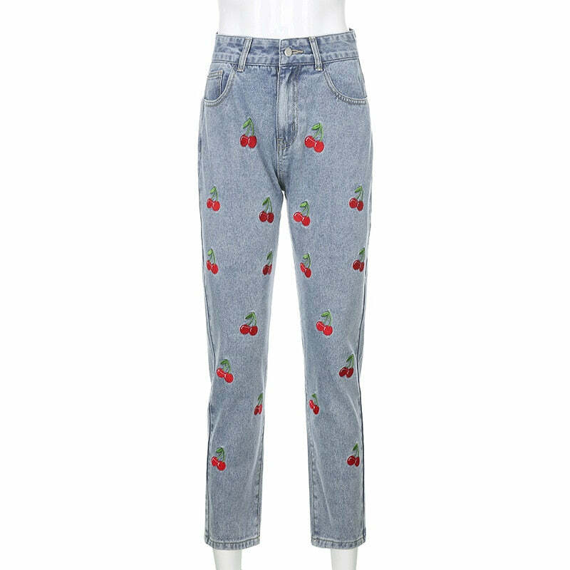 Cherry High Waisted Jeans - Y2K Summer, 90s Grunge, Retro Style, Y2K Club & Party Outfits