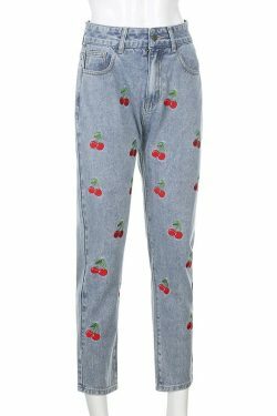 Cherry High Waisted Jeans - Y2K Summer, 90s Grunge, Retro Style, Y2K Club & Party Outfits