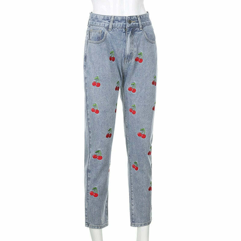 Cherry High Waisted Jeans - Y2K Summer, 90s Grunge, Retro Style, Y2K Club & Party Outfits
