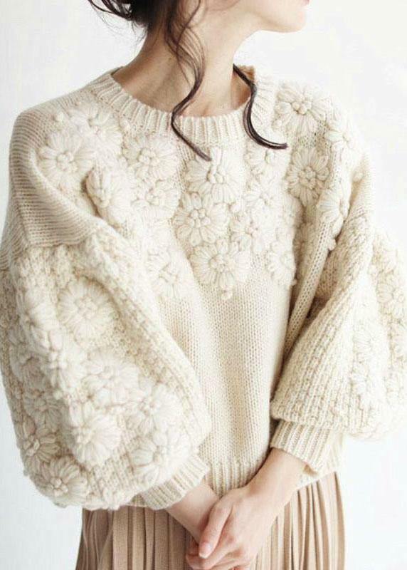 Chic Beige Embroidered Knit Sweater - Y2K Grunge, 90s Fashion, Retro Fall Style