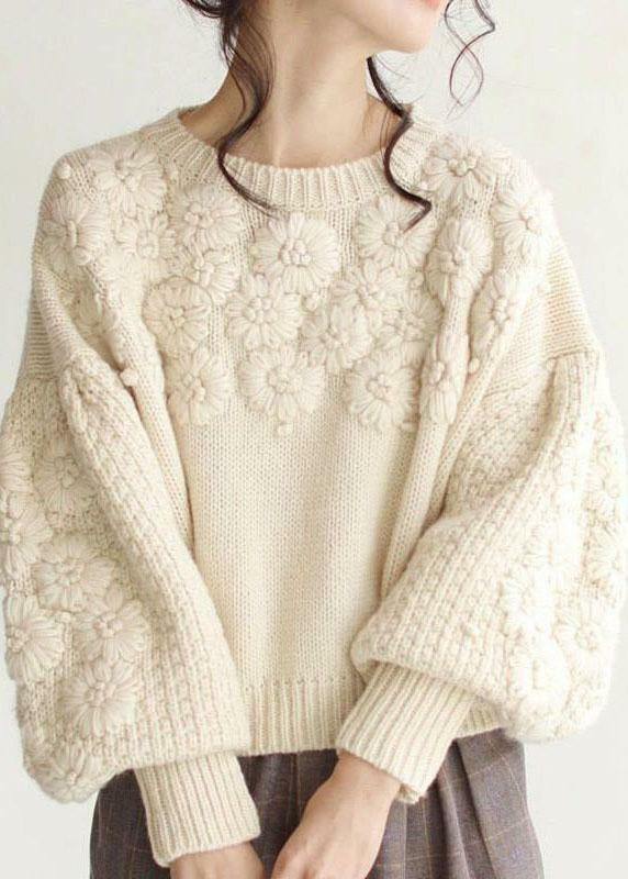 Chic Beige Embroidered Knit Sweater - Y2K Grunge, 90s Fashion, Retro Fall Style