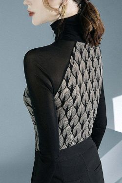 Chic Black Turtleneck Print Patchwork Hollow Out Tulle Top - Y2K Grunge & 90s Fashion Vibes