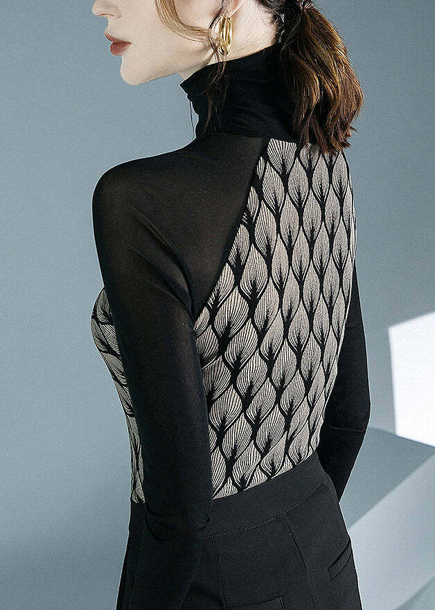 Chic Black Turtleneck Print Patchwork Hollow Out Tulle Top - Y2K Grunge & 90s Fashion Vibes