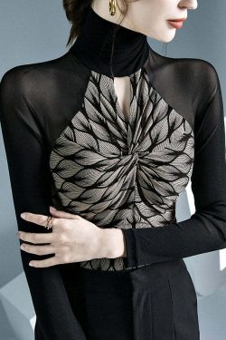 Chic Black Turtleneck Print Patchwork Hollow Out Tulle Top - Y2K Grunge & 90s Fashion Vibes