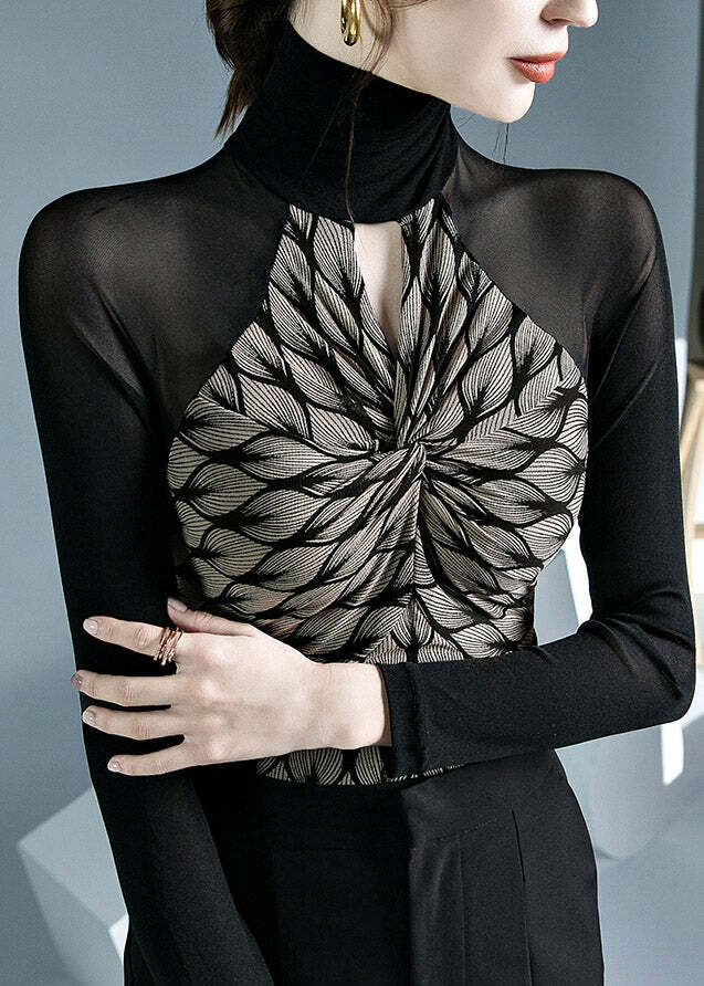 Chic Black Turtleneck Print Patchwork Hollow Out Tulle Top - Y2K Grunge & 90s Fashion Vibes