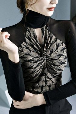 Chic Black Turtleneck Print Patchwork Hollow Out Tulle Top - Y2K Grunge & 90s Fashion Vibes