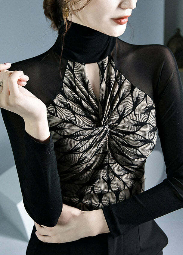 Chic Black Turtleneck Print Patchwork Hollow Out Tulle Top - Y2K Grunge & 90s Fashion Vibes