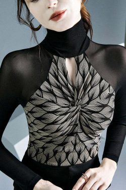 Chic Black Turtleneck Print Patchwork Hollow Out Tulle Top - Y2K Grunge & 90s Fashion Vibes