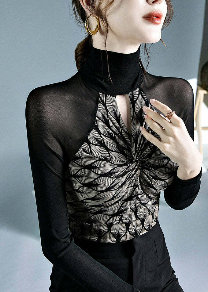 Chic Black Turtleneck Print Patchwork Hollow Out Tulle Top - Y2K Grunge & 90s Fashion Vibes