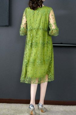 Chic Green O Neck Embroidered Patchwork Tulle Mid Dress - Y2K Summer & 90s Grunge Fashion