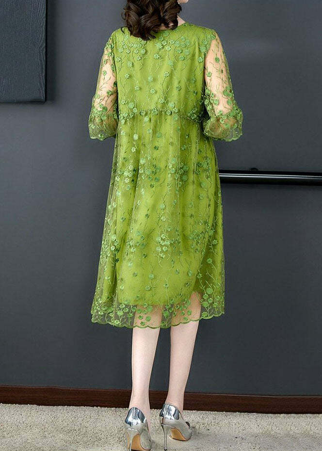 Chic Green O Neck Embroidered Patchwork Tulle Mid Dress - Y2K Summer & 90s Grunge Fashion