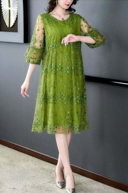 Chic Green O Neck Embroidered Patchwork Tulle Mid Dress - Y2K Summer & 90s Grunge Fashion