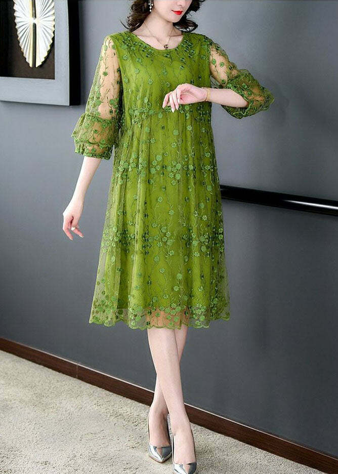 Chic Green O Neck Embroidered Patchwork Tulle Mid Dress - Y2K Summer & 90s Grunge Fashion