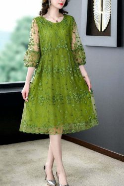 Chic Green O Neck Embroidered Patchwork Tulle Mid Dress - Y2K Summer & 90s Grunge Fashion
