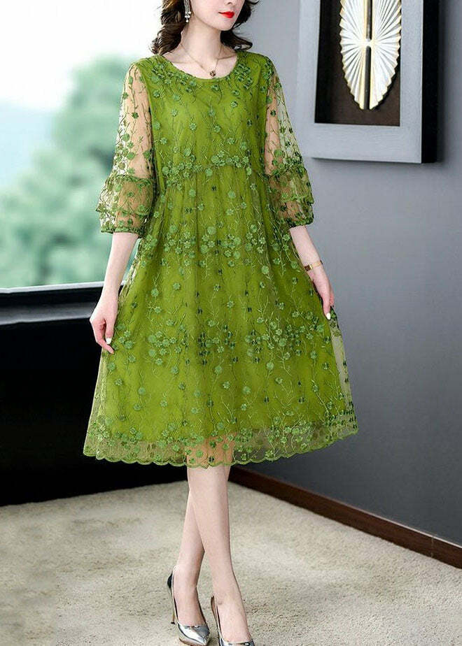 Chic Green O Neck Embroidered Patchwork Tulle Mid Dress - Y2K Summer & 90s Grunge Fashion