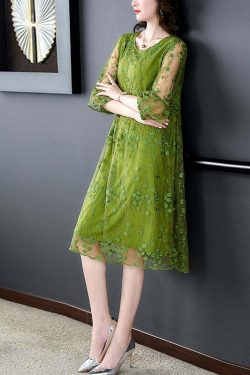 Chic Green O Neck Embroidered Patchwork Tulle Mid Dress - Y2K Summer & 90s Grunge Fashion