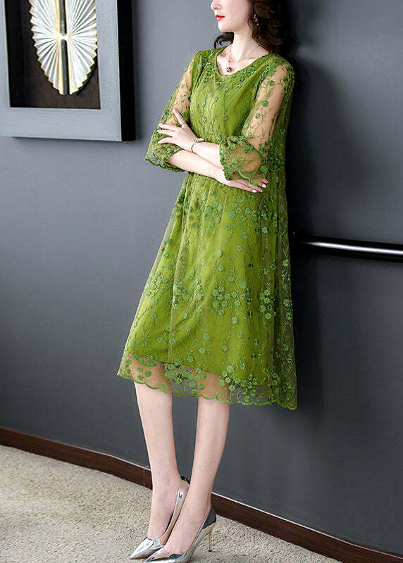 Chic Green O Neck Embroidered Patchwork Tulle Mid Dress - Y2K Summer & 90s Grunge Fashion