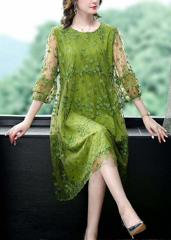 Chic Green O Neck Embroidered Patchwork Tulle Mid Dress - Y2K Summer & 90s Grunge Fashion