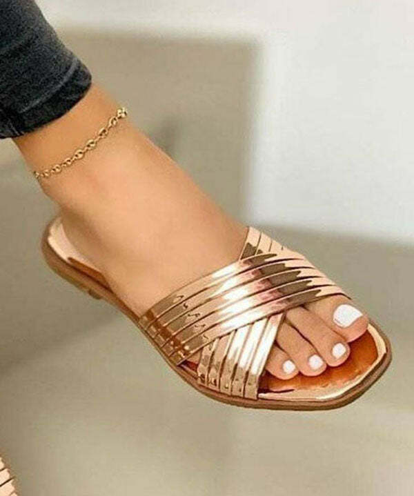 Chic Rose Gold Faux Leather Slide Sandals - Y2K Summer, 90s Fashion, Grunge, Retro Style