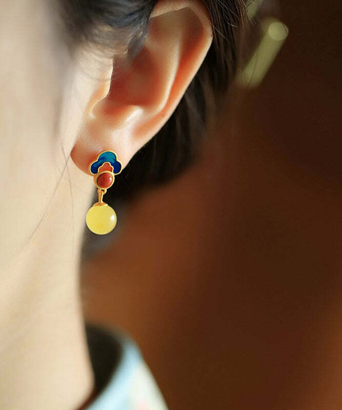 Chic Yellow Sterling Silver Amber Stud Earrings - Y2K Grunge, 90s Fashion, Retro Style