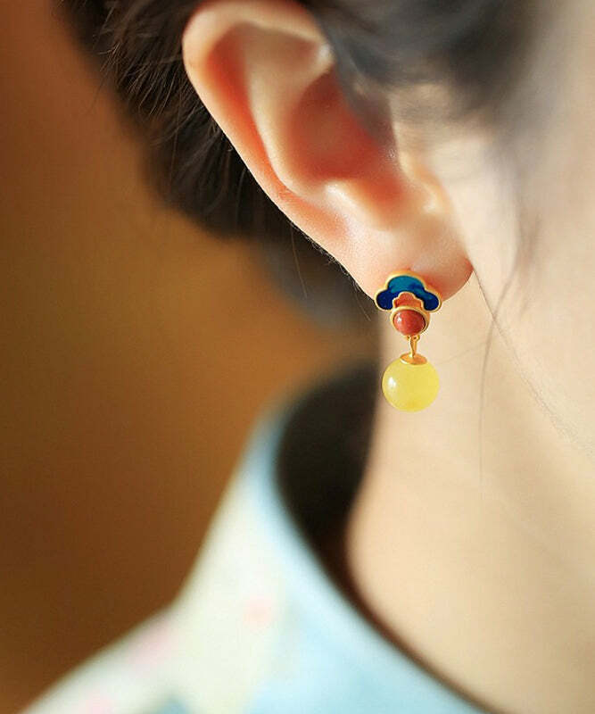 Chic Yellow Sterling Silver Amber Stud Earrings - Y2K Grunge, 90s Fashion, Retro Style