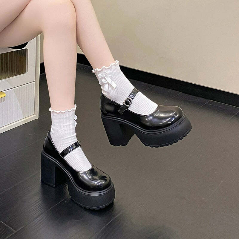 Chunky Heel Mary Janes Platform Shoes Black - Y2K Grunge, 90s Fashion, Retro Goth, Y2K Party Outfits